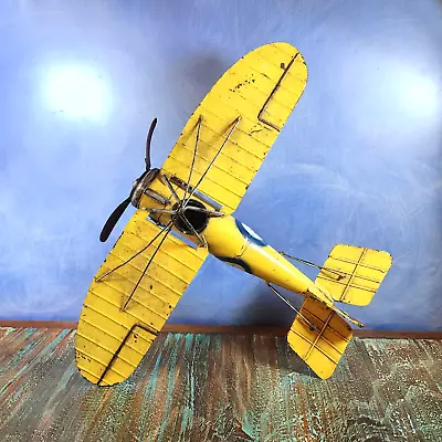 Vintage Metal Yellow Toy Airplane Model With Propeller Bullseye Marks Wheels • $60