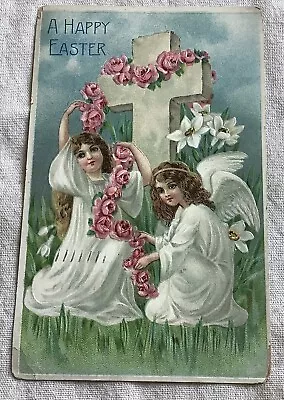 Very Attractive Vintage Easter Postcard Embossed Angels With Pink Roses At Ross • $2.90