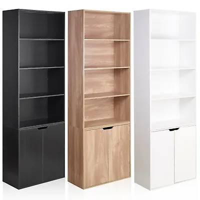 6 Tier Bookcase With 2 Door Cupboard Cabinet Storage Shelving Display Wood Shelf • £68.99