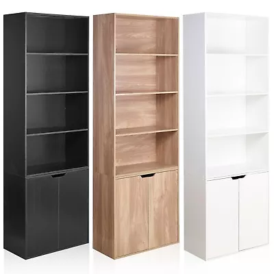 6 Tier Bookcase With 2 Door Cupboard Cabinet Storage Shelving Display Wood Shelf • £68.99