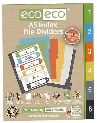 Eco-eco A5 File Dividers 1-6 Index 50% Recycled Plastic Assorted Colours • £2.75