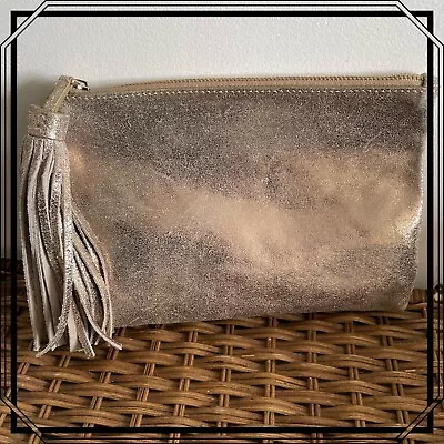 Zara Distressed Metallic Leather Clutch W 6” Tassel • $64