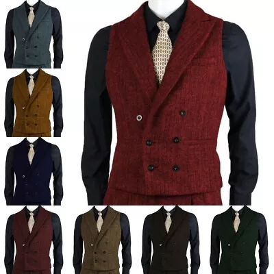 Men's Formal Tweed Waistcoat Double-Breasted Vintage Herringbone Wool Blend Vest • $31.06