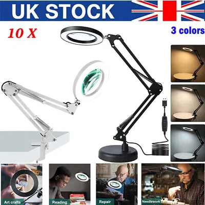 10X Magnifying Glass Desk Light Magnifier LED Lamp Reading Lamp With Base& Clamp • £17.58