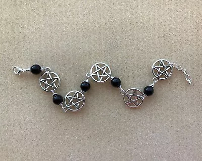 Pentagram And Black Agate Bead Bracelet In Gift Bag - Wicca Magic Pagan Witch • £5.25