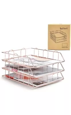 3 Tier A4 Filing Letter TrayStackable Letter Tray Office Desk Rose Gold • £14.99