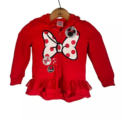 DISNEY Red Toddler Girls 3/4 Zip Front Minnie Mouse Jacket With Ears On Hoodie • $22