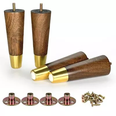 6 Inch Wooden Furniture Legs With Gold Cap Set Of 4 Sofa Replacement Solid Wo... • $29.69