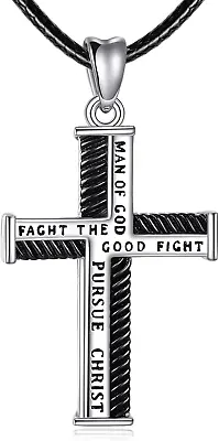 Mens Cross Necklace Gifts Sterling Silver Black Christian Cross Leather Pendant • $124.95