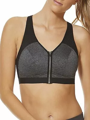 F&F Sports Bra 32C Grey & Black Medium Impact Non Padded Zip Front Racer Back Ex • £8.99