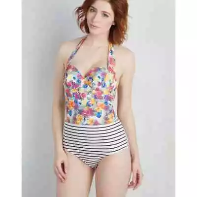 NWT ModCloth Grotto Glam One-Piece Mixed Print Floral And Striped Swimsuit Large • $35