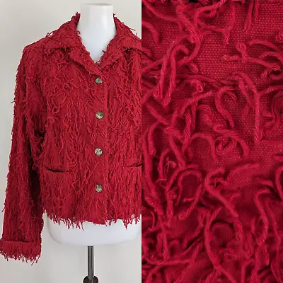 Vintage 80s Shaggy Jacket Fringe Shag Cotton Womens M Handmade Unique OOAK Artsy • $63.75