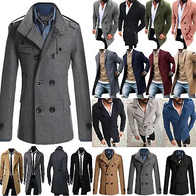 £28.99 • Buy Mens Winter Warm Woolen Trench Coat Overcoat Double Breasted Long Jacket Outwear