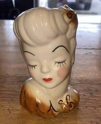 Vintage Lady Head Vase Glamour Girl Yellow Gold Flowers MCM Japan Kitschy 6” HRT • $34.99