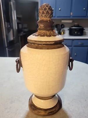 13  URN Vase & Lid W HANDLES CERAMIC METAL Brown Antiqued Crackle Finish Rustic • $35
