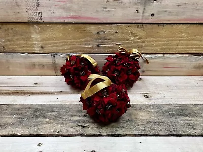 Lot Of 3 Red Poinsettia 4  Kissing Ball/Christmas Ornament Mistletoe • $20