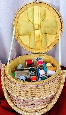 Vintage MCM Dritz Round Sewing Basket Woven Wicker Organizer Tray Satin Lined • $34.99