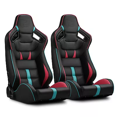 Black With Red/Blue PVC Reclinable VIPER-Series Racing Seats Pair W/Slider • $346.50