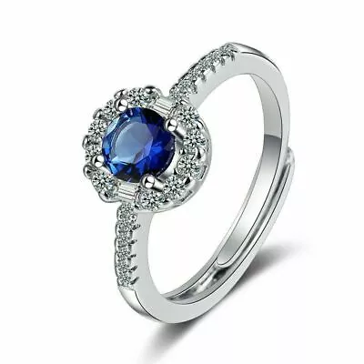 925 Sterling Silver PLATED Blue CZ Solitaire Elevated Halo Adjustable Ring Gift • £3.19