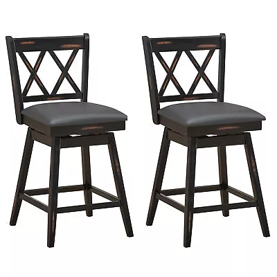 Set Of 2 Barstools Swivel Counter Height Chairs W/Rubber Wood Legs Black • $158.99