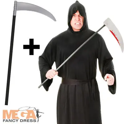 Black Horror Robe + Scythe Mens Fancy Dress Grim Reaper Adults Halloween Costume • £12.99