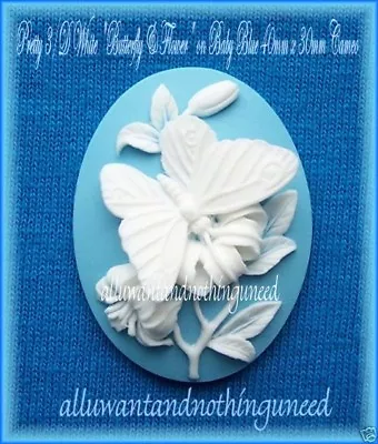 2 WHITE 3/D BUTTERFLY & FLOWER On BABY BLUE 40mm X 30mm Costume Jewelry CAMEOS • $2.59