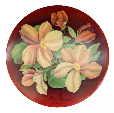 Vintage Candy Tin Red Magnolia Blossoms Round  Mrs Stevens Made In Chicago 8.5  • $14.99