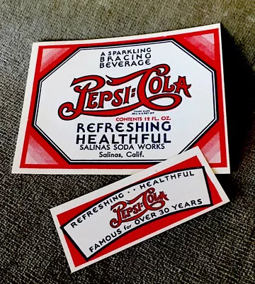 Vintage Pepsi Cola Bottle Double Dot Paper Label Set Salinas Ca. 1930’s • $15.95