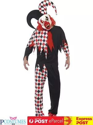 Mens Crazed Jester Killer Clown Horror Scary Evil Halloween Costume + Mask • $73.50