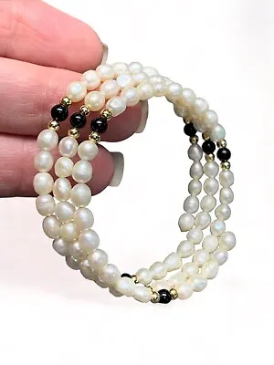 Vintage White Cultured  Pearl Amethyst Gold Beaded Flex Wire Bracelet One Size • $26.50