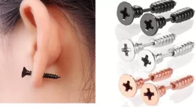 Pair Stainless Steel Screw Nail Earrings Pierced Ears Studs Punk E112 UK Seller • $4.79