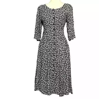 Starina Vintage 90s Ditzy Floral Black White Midi A Line Retro Shirt-Dress Large • $44.95