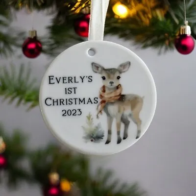 Personalised Baby First Christmas Deer Ceramic Hanging Bauble Decoration Gift • £7.50