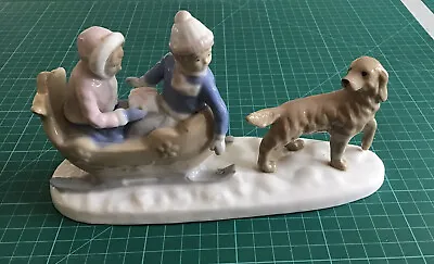 £9.50 • Buy Delightful NAO Style Figurine Of Two Children In A Sleigh Drawn By A Dog In VGC