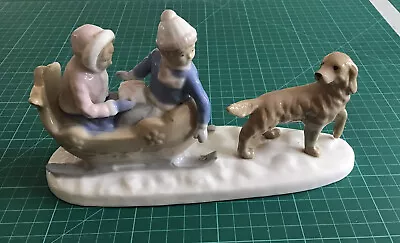 £9.50 • Buy Delightful NAO Style Figurine Of Two Children In A Sleigh Drawn By A Dog In VGC