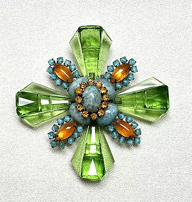 Vintage 3.5  Maltese Cross Brooch Green Glass W/ Faux Turquoise & Citrine FLAWS • $165.50