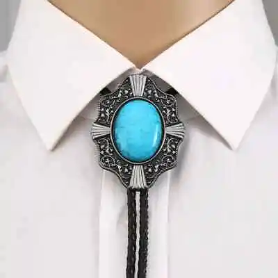 Vintage Bolo Tie Western Cowboy Blue Turquoise Mens Alloy Necklace PU Rope Party • $1.99