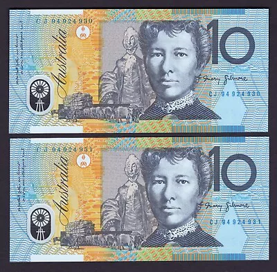 1994 Australian $10 Banknotes - Consec Pair Uncirculated Condition Grey Dobell • $175