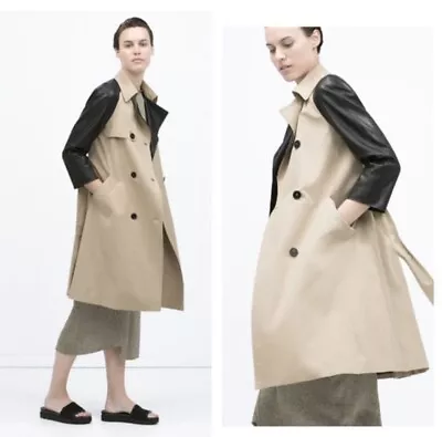 $19.90 • Buy Zara Woman Trench Coat Jacket Khaki With Faux Leather Black Sleeves - Size M