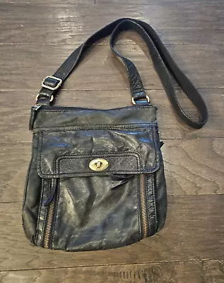 Vintage Fossil Black Leather Crossbody Front Flap Pocket Wallet Zipper Organizer • $49.99