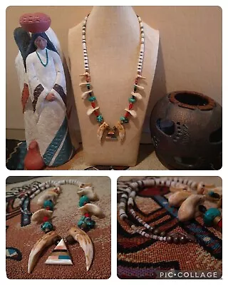 VINTAGE Navajo CEREMONIAL NECKLACE Sterling Navajo Pearls Turquoise Shell-108g • $149