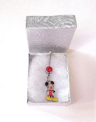 Disney 's Mickey Mouse Charm Dangling On A Red Crystal Surgical Steel Belly Bar  • £18.95