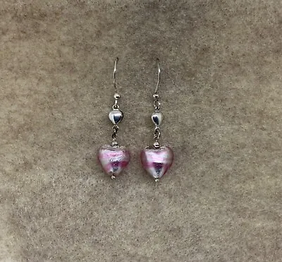 Italian Murano Glass Pink Heart Dangle Earrings 925 Sterling Silver With Hooks • $29.99