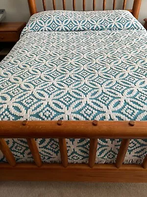 Vintage Cotton Teal & White Chenille Bedspread Full Queen 96  X 104  • $90