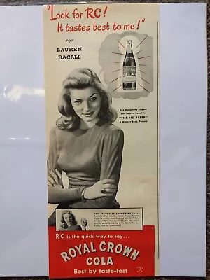 1946 Vintage Royal Crown Cola Print Ad Featuring Lauren Bacall • $8.99