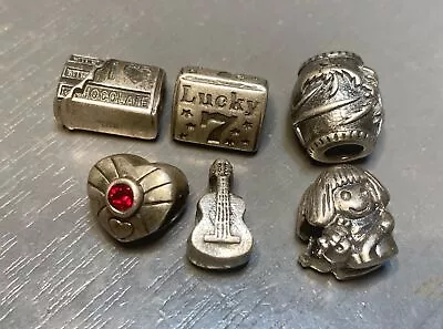 Antique LOT OF 6 Sterling Silver Slide Charms Lucky 7- Guitar-Heart • $29.98