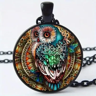 Pendant Necklace Vintage Black OWL Cabochon Tibetan Glass Chain Unique Men Women • $12.98