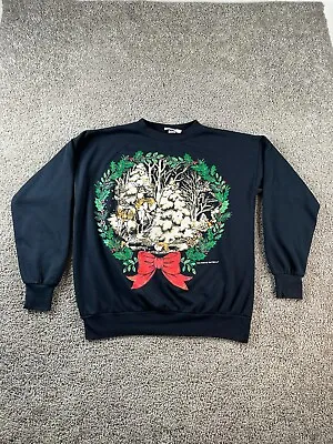 VINTAGE Turtle Bay Christmas Sweatshirt Mens Large Black Reindeer Wreath 90s • $13.99