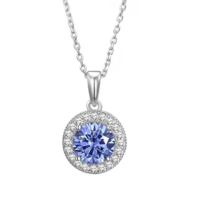 Ladies Solid Sterling 925 Silver Tanzanite & Sapphire Target Pendant Necklace • £26.09