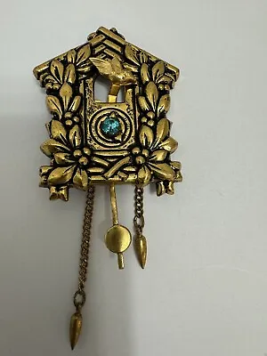 Vintage Articulated Antiqued Gold Tone Coo Coo Clock Blue Rhinestone Brooch Pin • $25